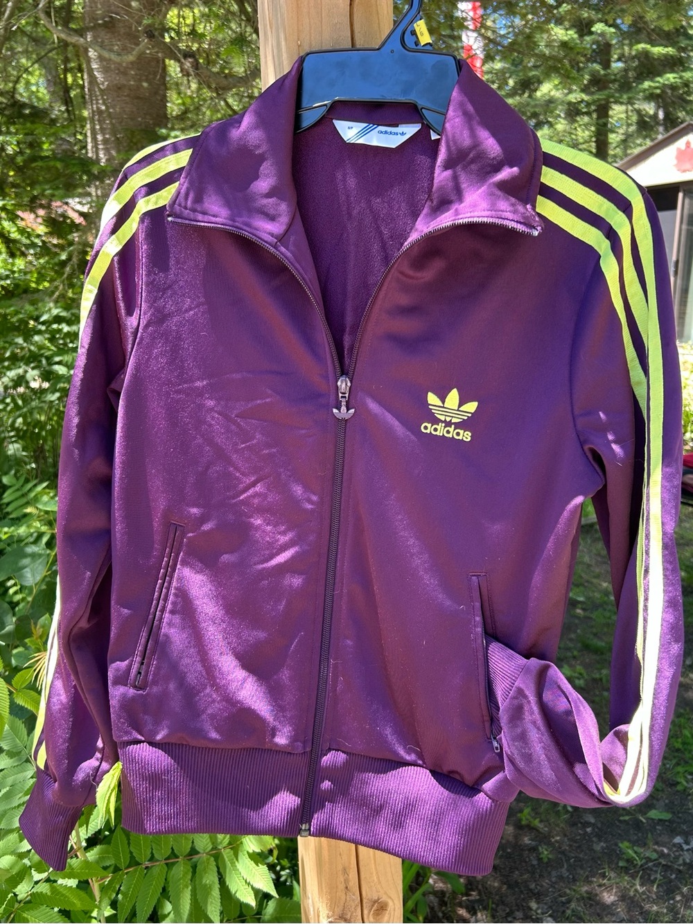 adidas Purple Varsity Track Jacket with Yellow Stripes, size small